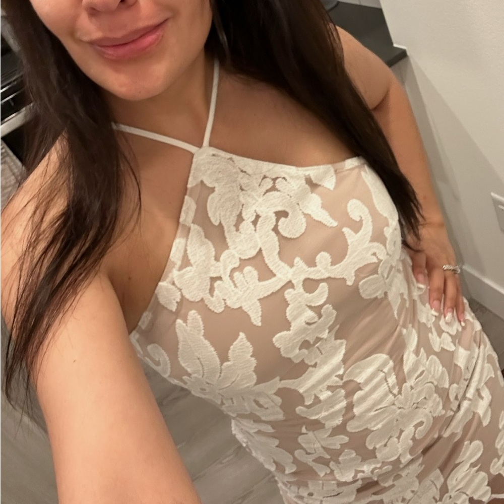 L'ATISTE White Lace Overlay Mini Dress with Nude Lining